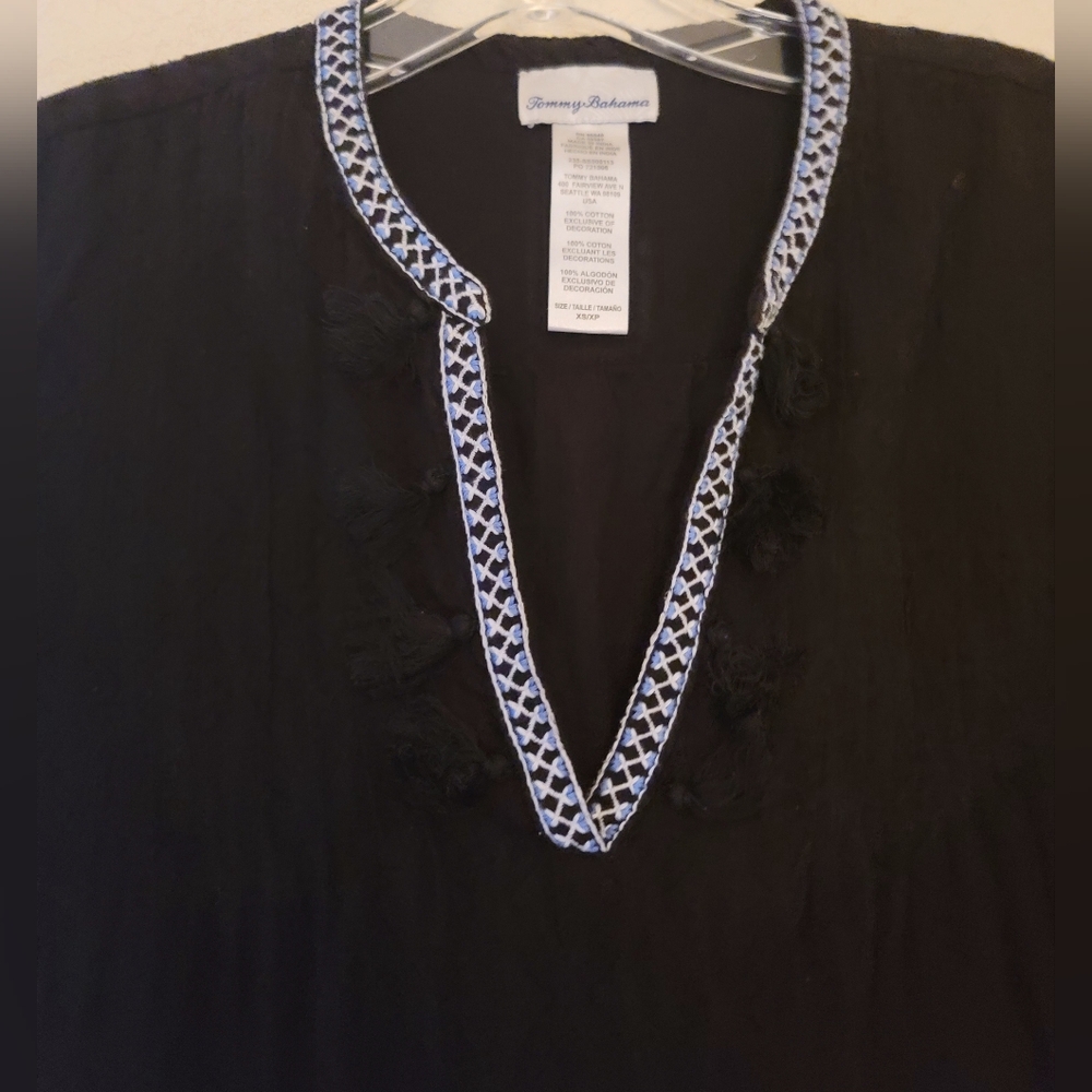 Tommy Bahama Black Embroidered Tassel V-neck Dress Womens Size XS Tunic Cotton - Picture 6 of 16